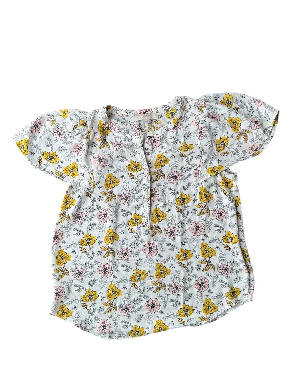 LOFT White Floral Flutter-Sleeve Blouse with Yellow & Pink Flowers Size S
